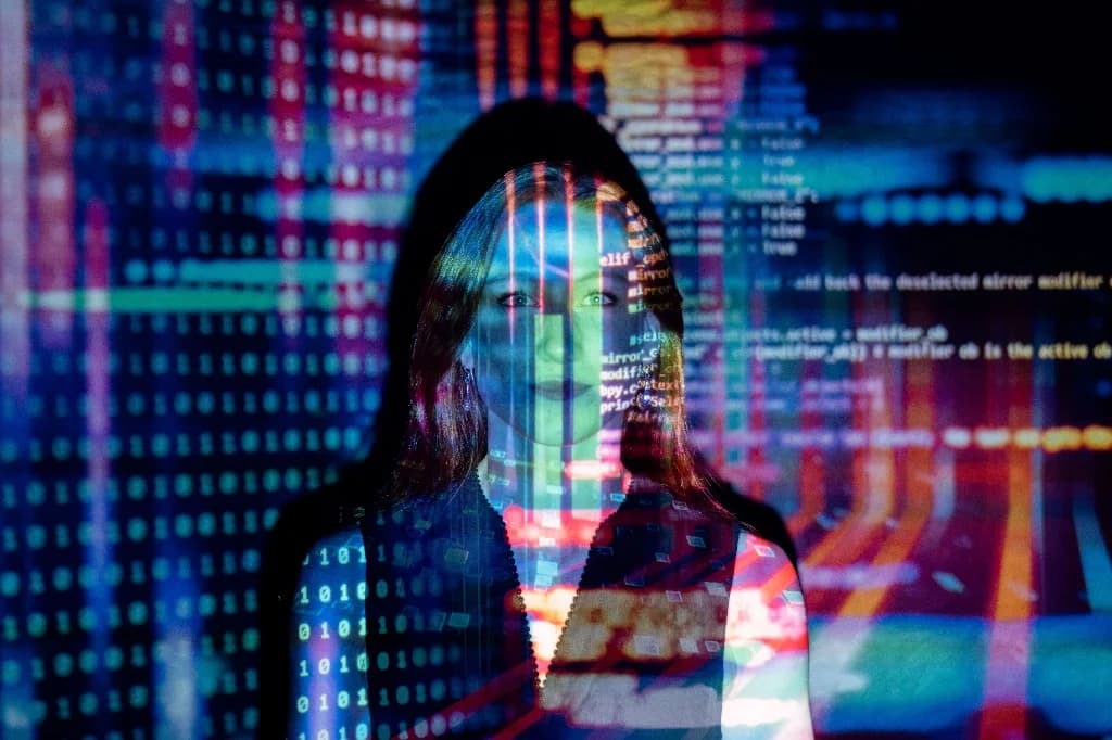 Engineer with generative AI code and binary data overlay
